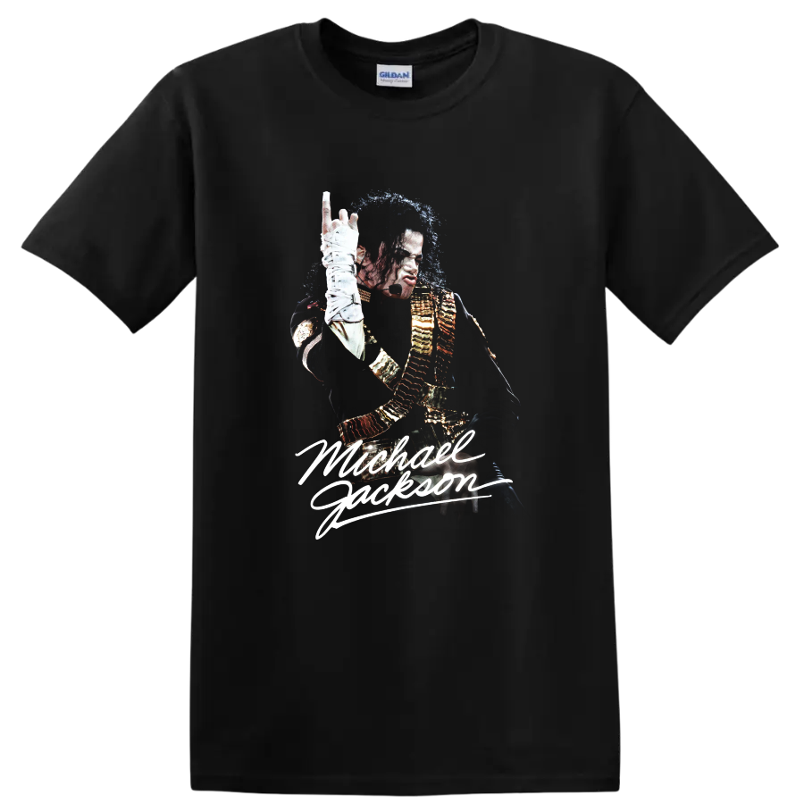 Michael Jackson Dangerous-era performance portrait fan art with signature lettering on a Black T Shirt