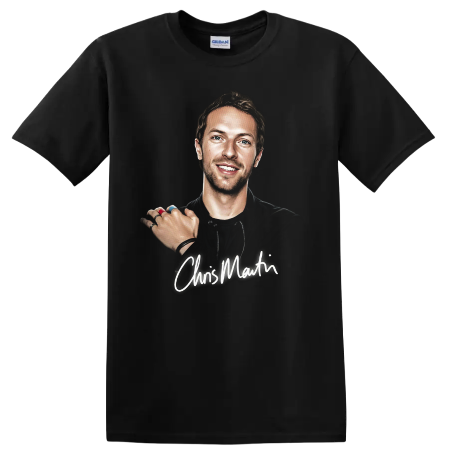 Chris Martin illustrated portrait with white signature-style script on a Black T Shirt