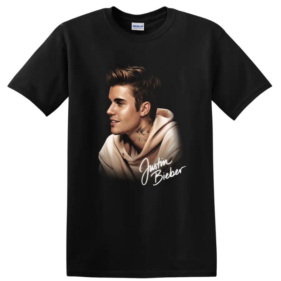 Justin Bieber side-profile portrait graphic with white script lettering on a Black T Shirt