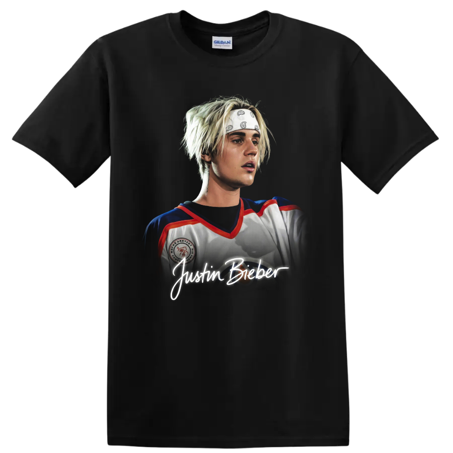 Justin Bieber portrait in hockey jersey with handwritten name graphic on a Black T Shirt