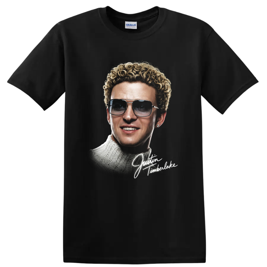 Justin Timberlake NSYNC portrait graphic with signature lettering on a Black T Shirt