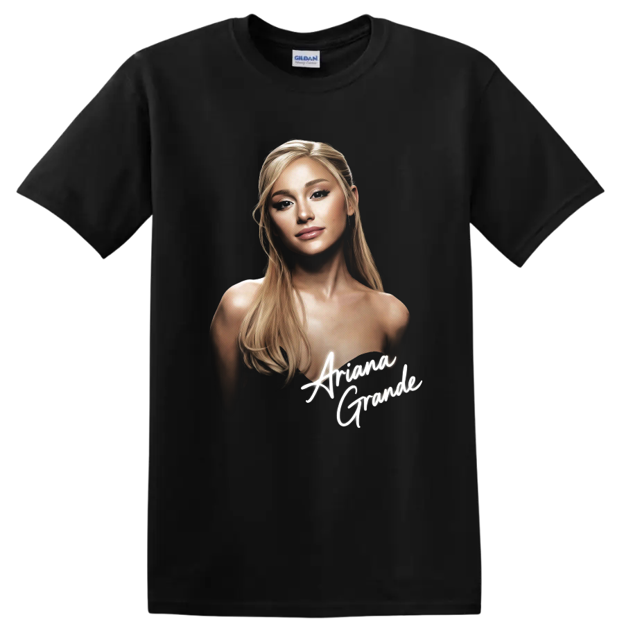 Ariana Grande digital portrait fan art with white script lettering on a Black T Shirt