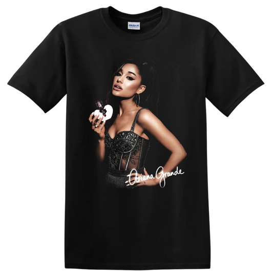 Ariana Grande fragrance-themed beauty portrait fan art with white script on a Black T Shirt