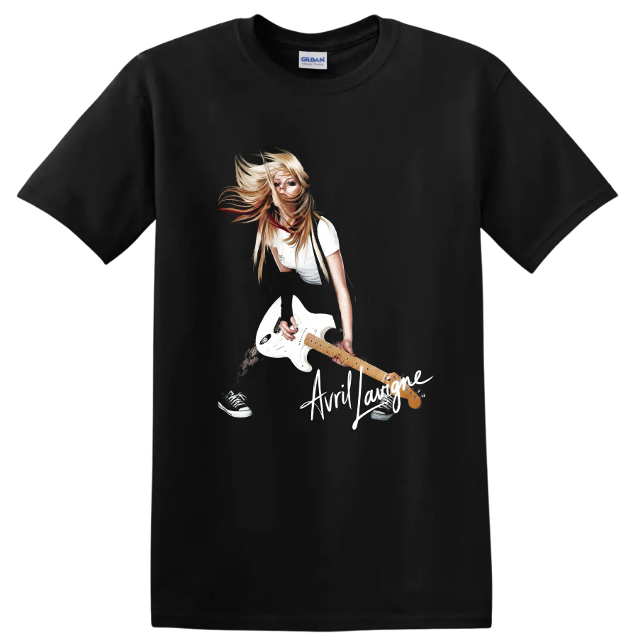Avril Lavigne pop-punk guitarist with white electric guitar graphic on a Black T Shirt