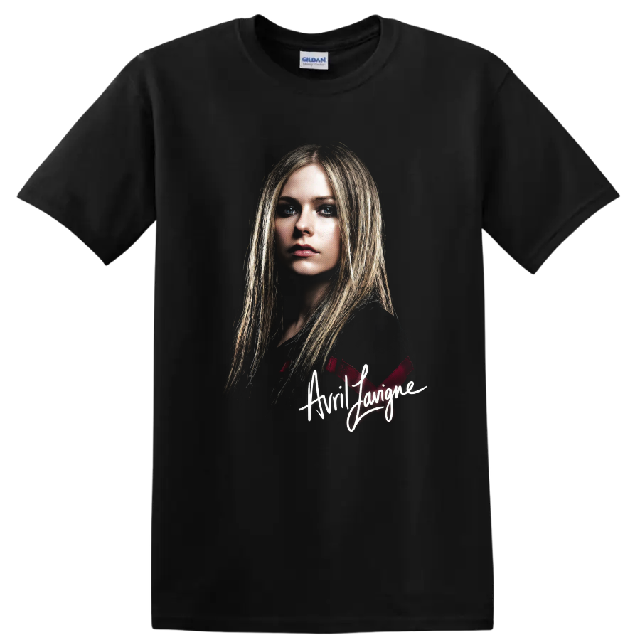 Avril Lavigne pop-punk portrait fan art with signature text on a Black T Shirt