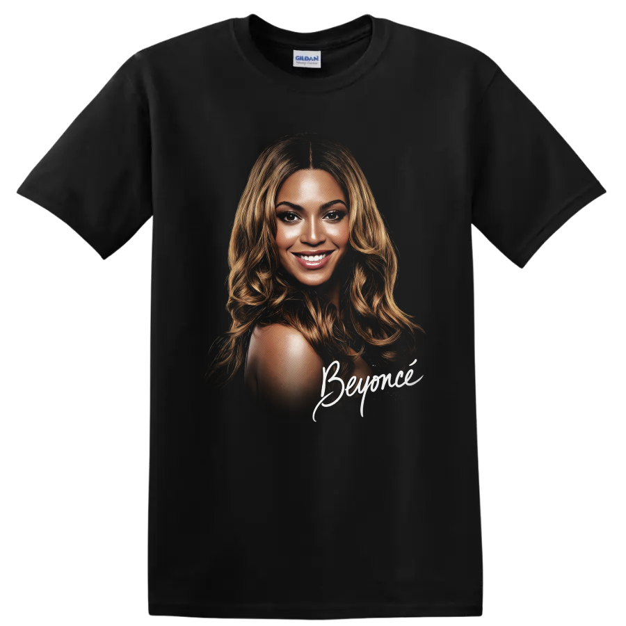 Beyoncé portrait fan art with signature-style lettering on a Black T Shirt