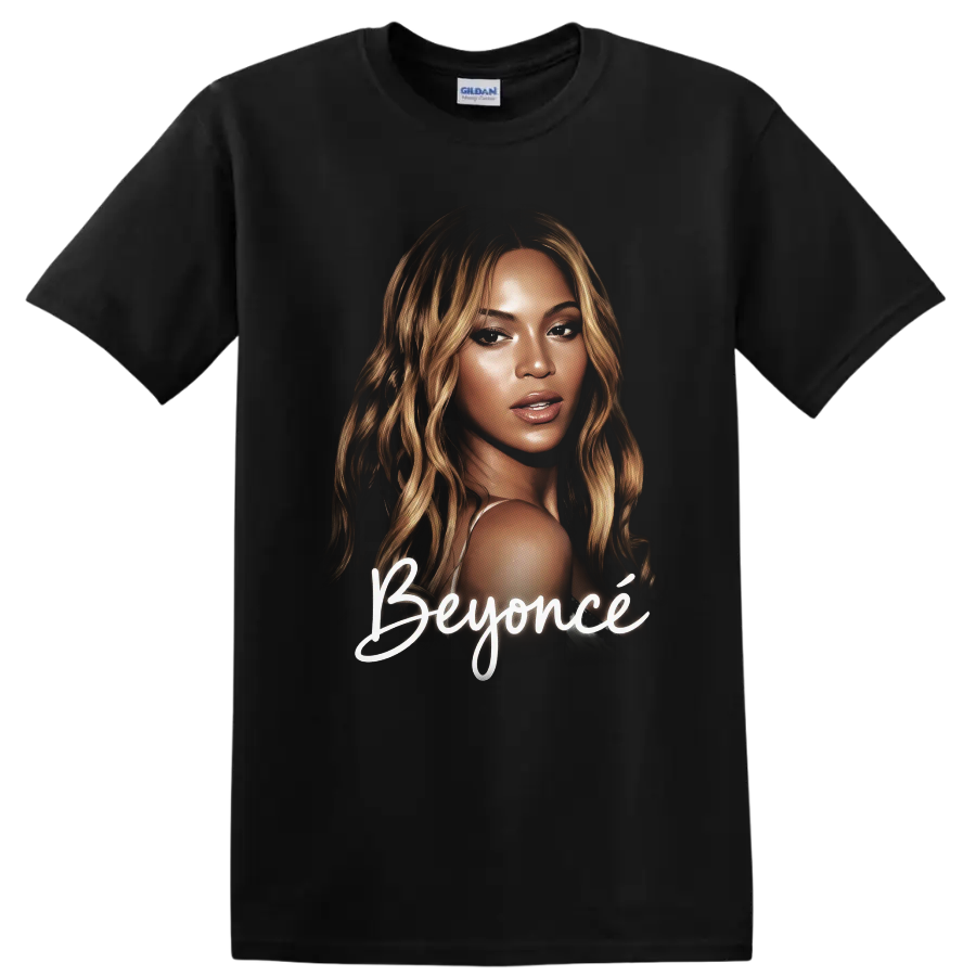 Beyoncé portrait graphic with white script lettering on a Black T Shirt