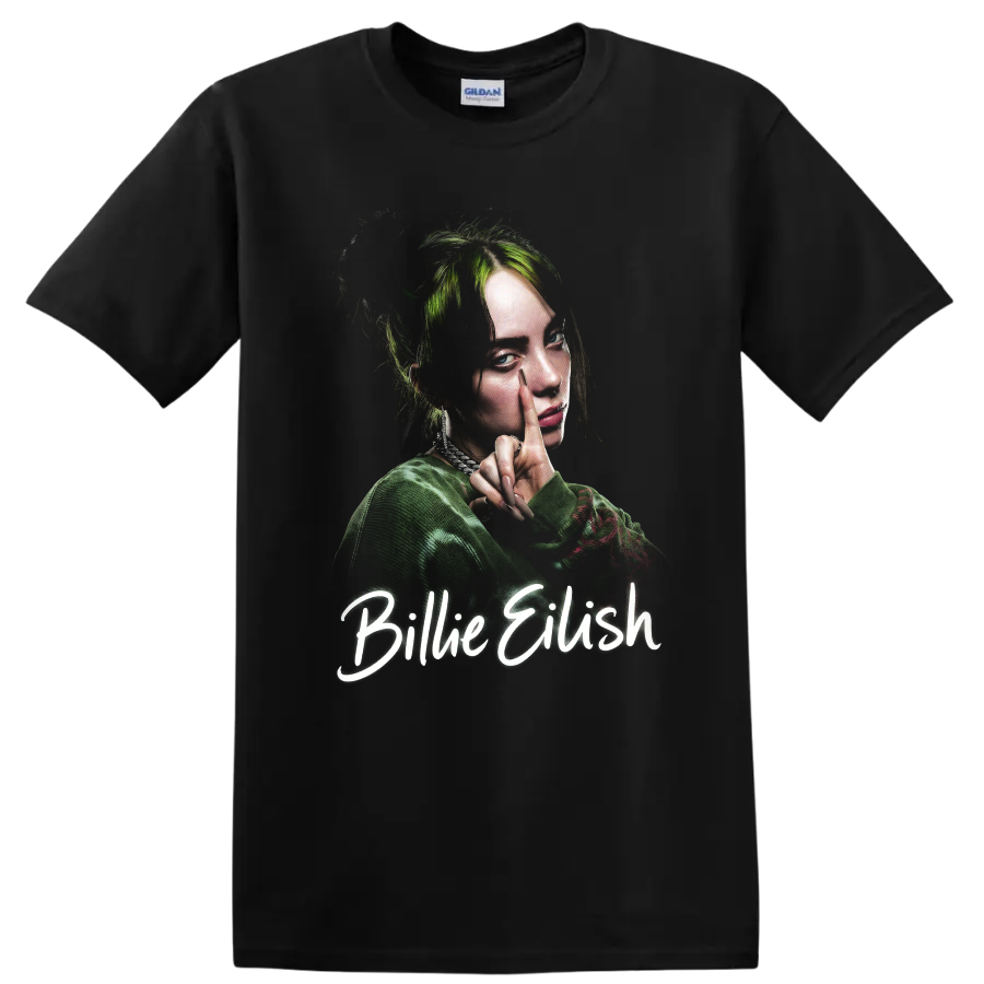Billie Eilish portrait fan art with green hair and script lettering on a Black T Shirt