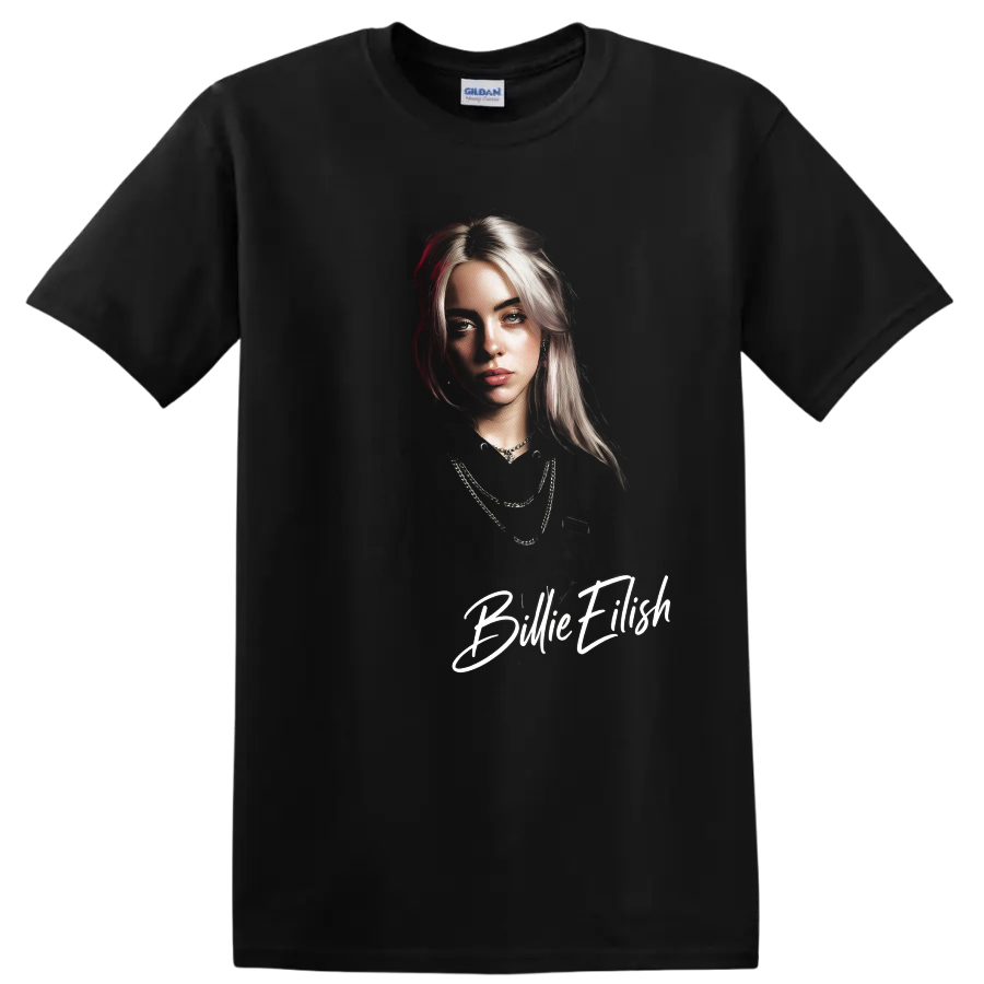 Billie Eilish portrait digital fan art with white script lettering on a Black T Shirt
