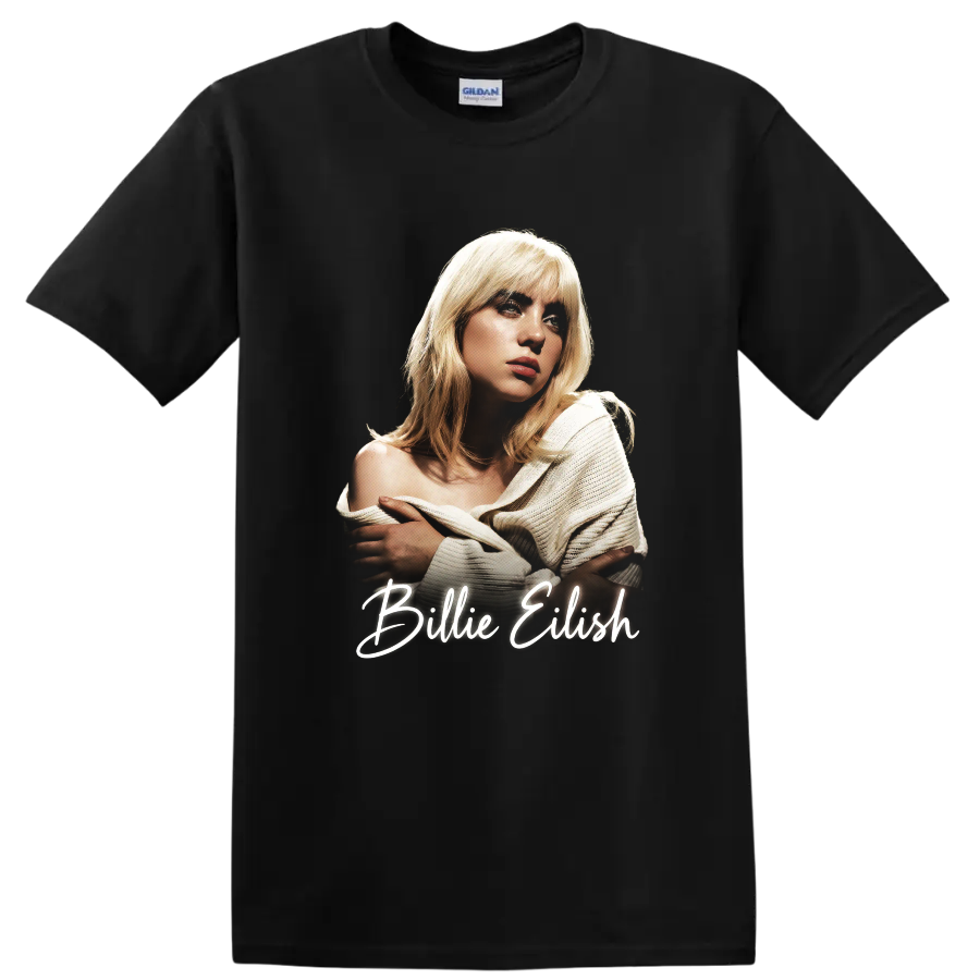 Billie Eilish pop-art portrait with handwritten name lettering on a Black T Shirt