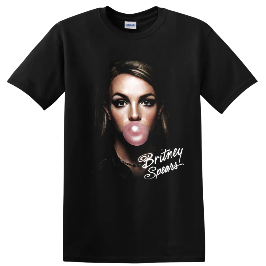 Britney Spears digital portrait with pink bubble gum and white script on a Black T Shirt
