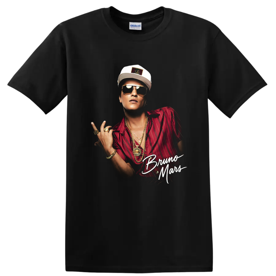 Bruno Mars portrait graphic with red shirt, sunglasses, and script text on a Black T Shirt