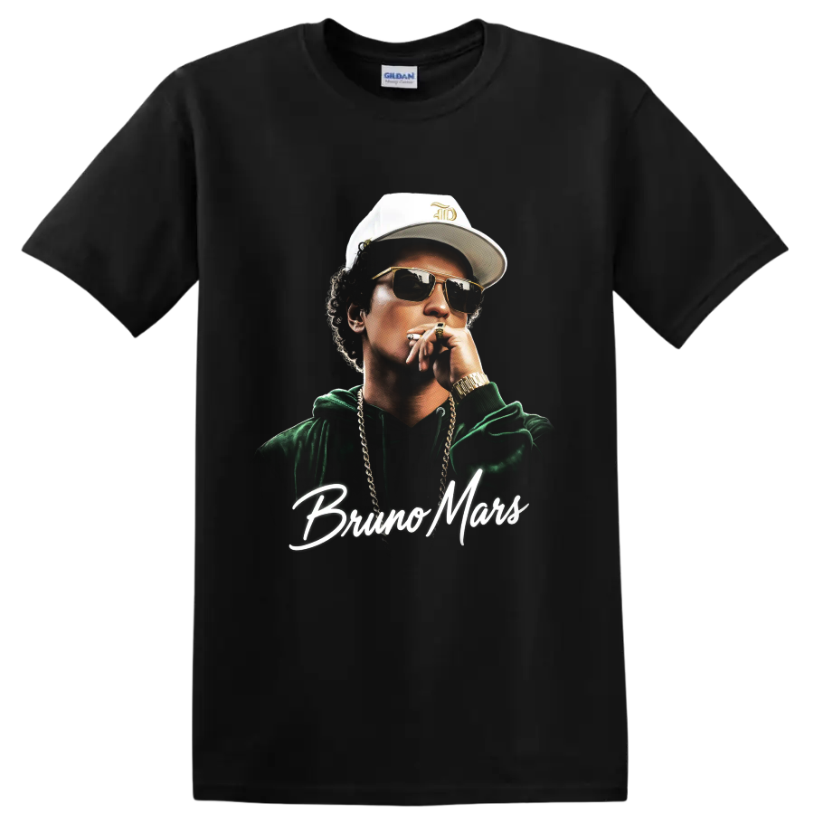 Bruno Mars pop-art portrait with sunglasses and script name lettering on a Black T Shirt