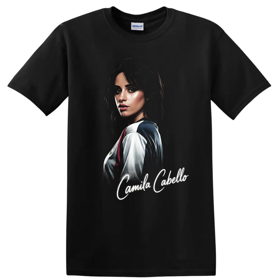 Camila Cabello illustrated portrait with glowing script name on a Black T Shirt