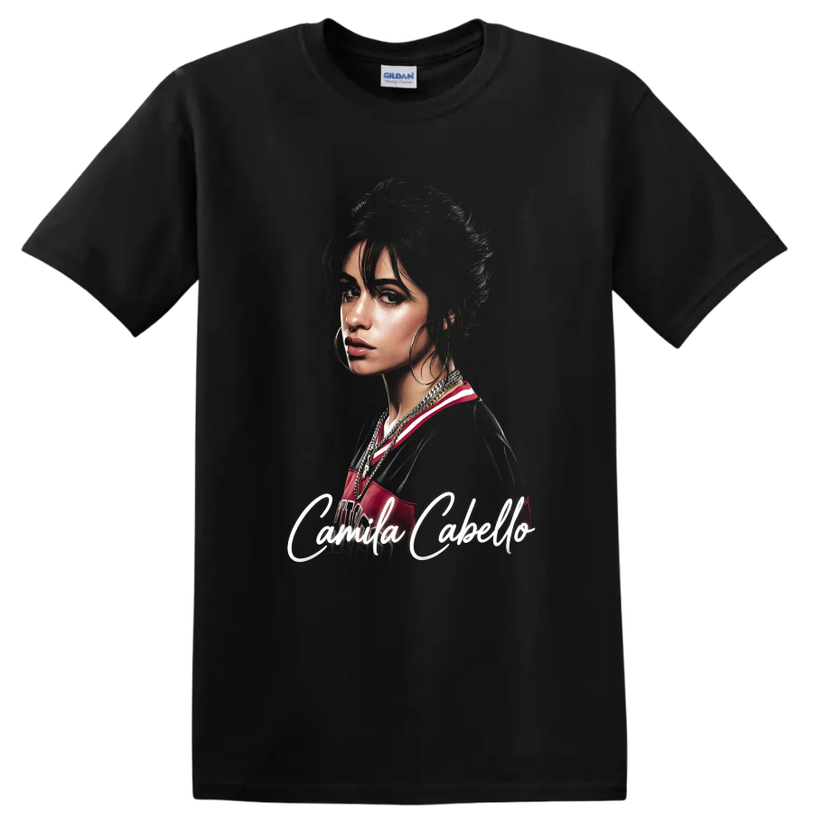 Camila Cabello digital fan portrait with white script lettering on a Black T Shirt