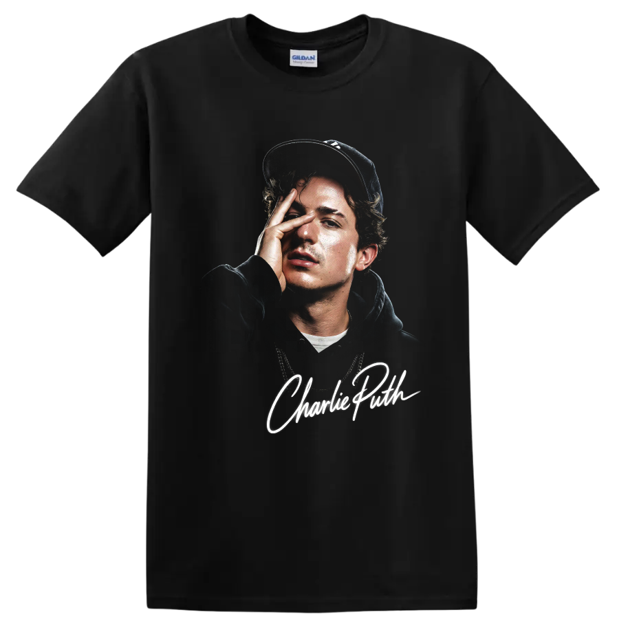 Charlie Puth digital portrait with white signature lettering on a Black T Shirt