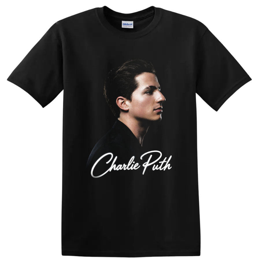 Charlie Puth side-profile portrait with white script lettering on a Black T Shirt