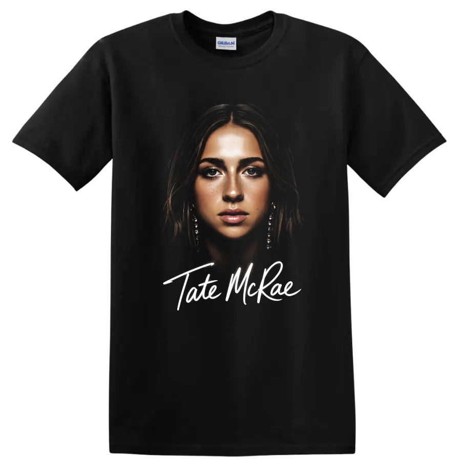 Tate McRae portrait digital fan art with white script lettering on a Black T Shirt