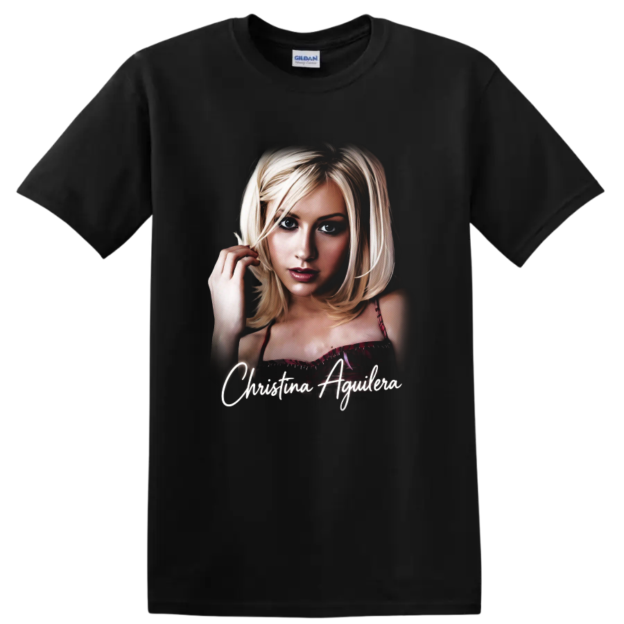 Christina Aguilera portrait autograph poster graphic with name text on a Black T Shirt