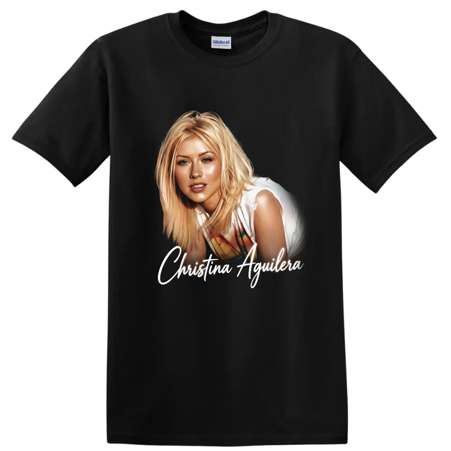 Christina Aguilera signed pop-art portrait with white script lettering on a Black T Shirt