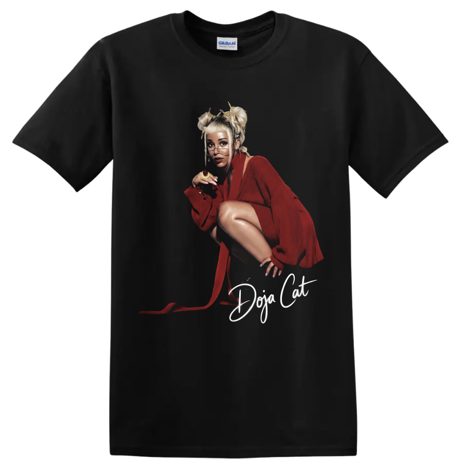 Doja Cat red pop star portrait fan art with white script lettering on a Black T Shirt