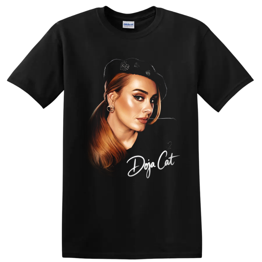 Doja Cat digital portrait with red hair, black beret, and script lettering on a Black T Shirt
