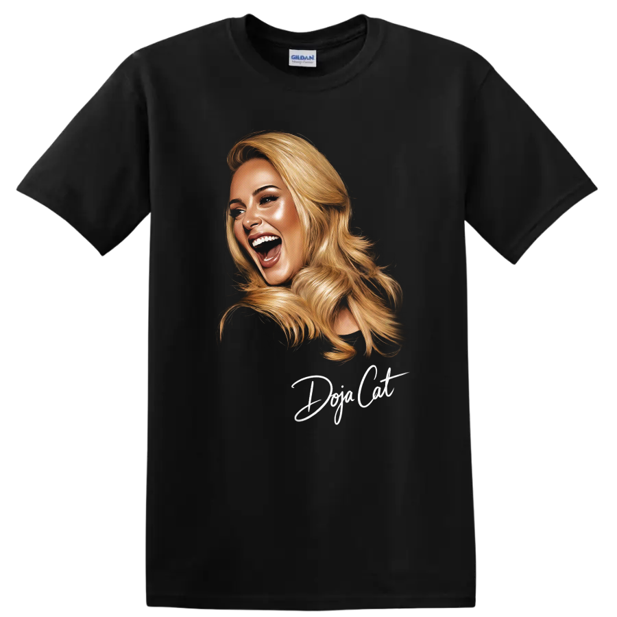 Doja Cat digital portrait with blonde hair and handwritten name lettering on a Black T Shirt