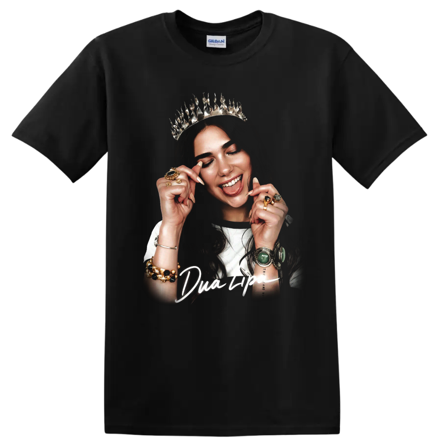 Dua Lipa crowned artistic portrait with jewelry and bold script on a Black T Shirt