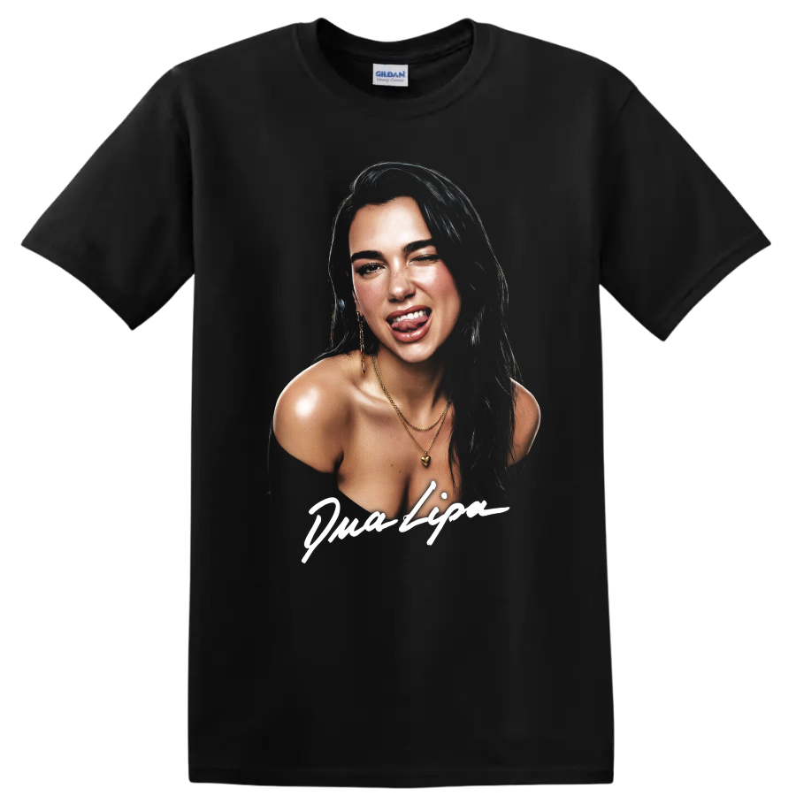 Dua Lipa digital art portrait with bold white script lettering on a Black T Shirt