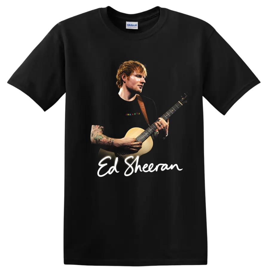 Ed Sheeran playing acoustic guitar with script name lettering on a Black T Shirt