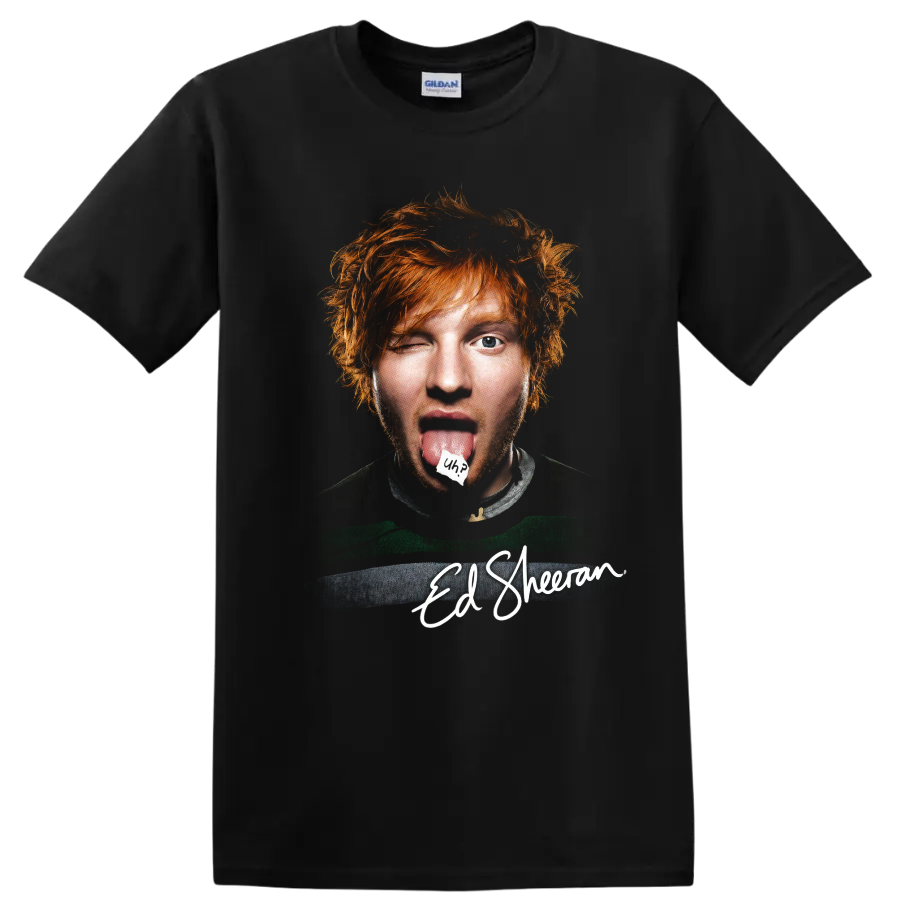 Ed Sheeran mixed-media portrait with signature-style name graphic on a Black T Shirt