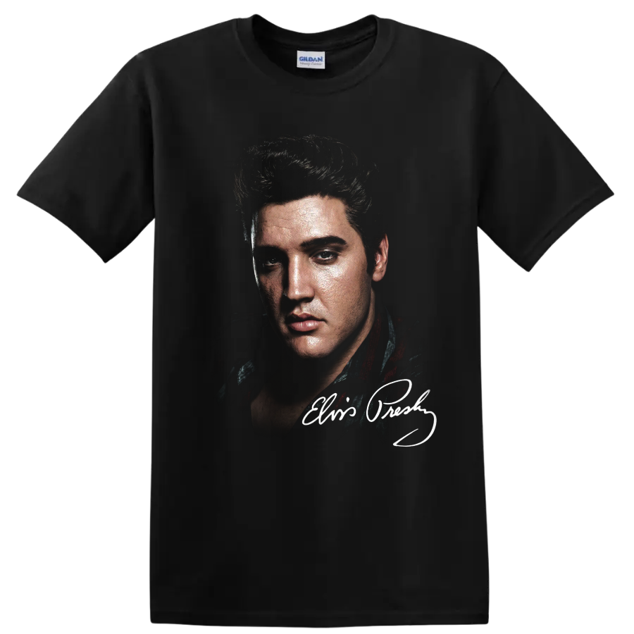 Elvis Presley vintage pencil-style portrait with signature accent on a Black T Shirt