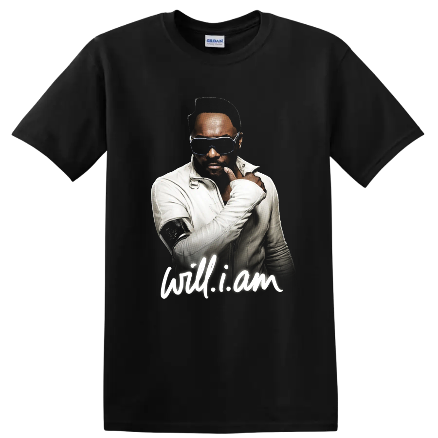 will.i.am portrait graphic with sunglasses and white will.i.am script on a Black T Shirt