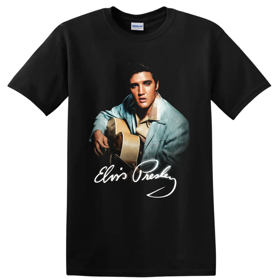 Elvis Presley guitar portrait pop-art design with signature on a Black T Shirt