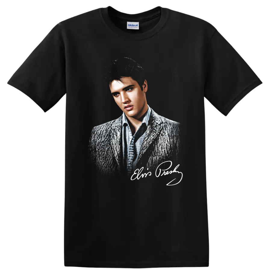 Monochrome Elvis Presley portrait with signature-style graphic on a Black T Shirt