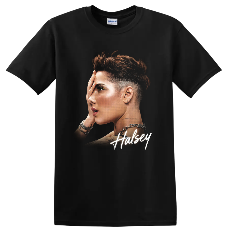 Halsey singer portrait graphic print with white signature lettering on a Black T Shirt