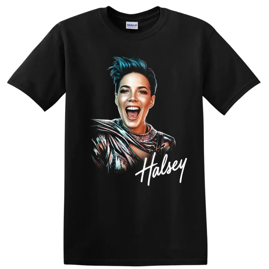 Halsey pop-art portrait with teal hair and handwritten signature on a Black T Shirt
