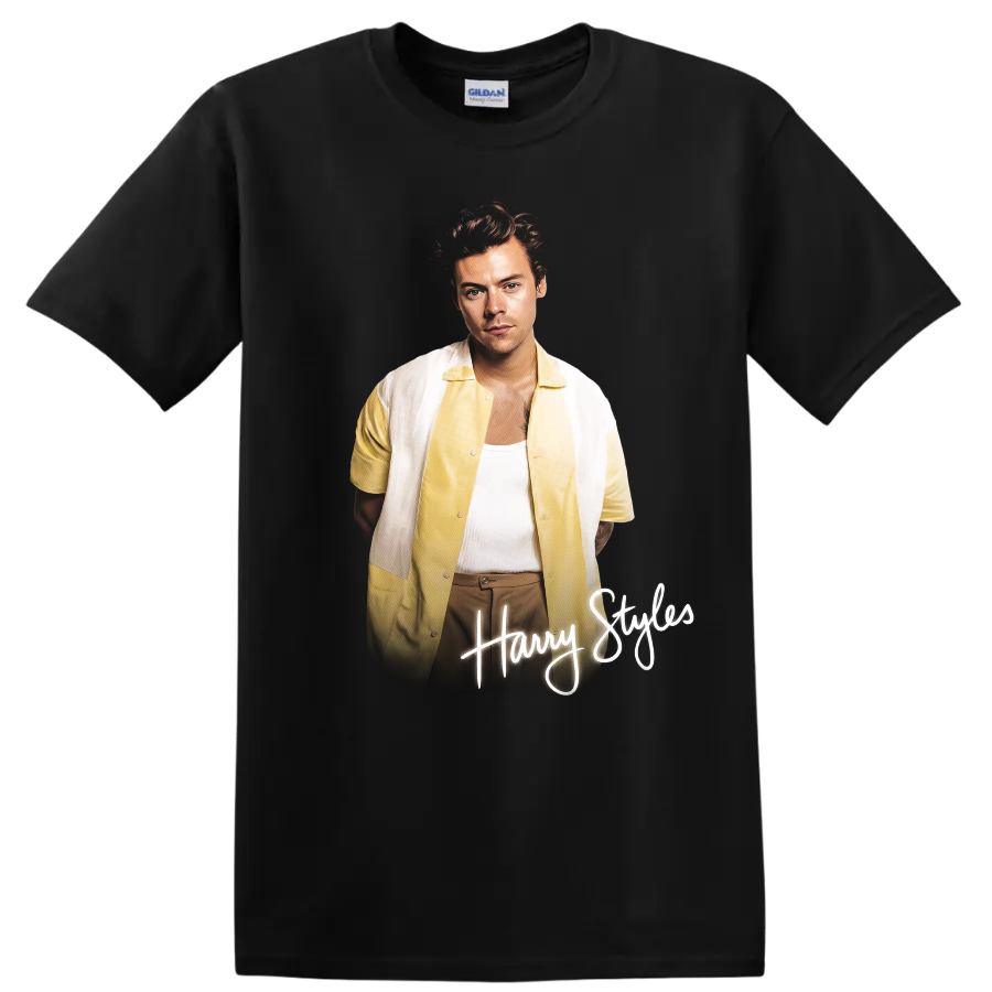 Harry Styles portrait with handwritten Harry Styles lettering on a Black T Shirt