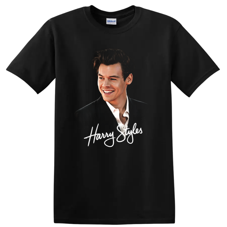 Harry Styles watercolor-style portrait with white script lettering on a Black T Shirt