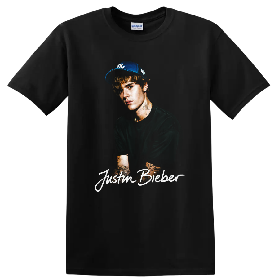 Justin Bieber portrait fan-art sketch with script lettering on a Black T Shirt