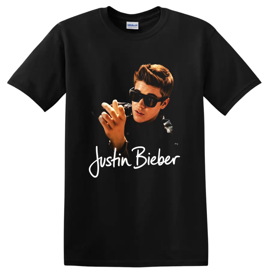 Justin Bieber portrait graphic with sunglasses and white script text on a Black T Shirt