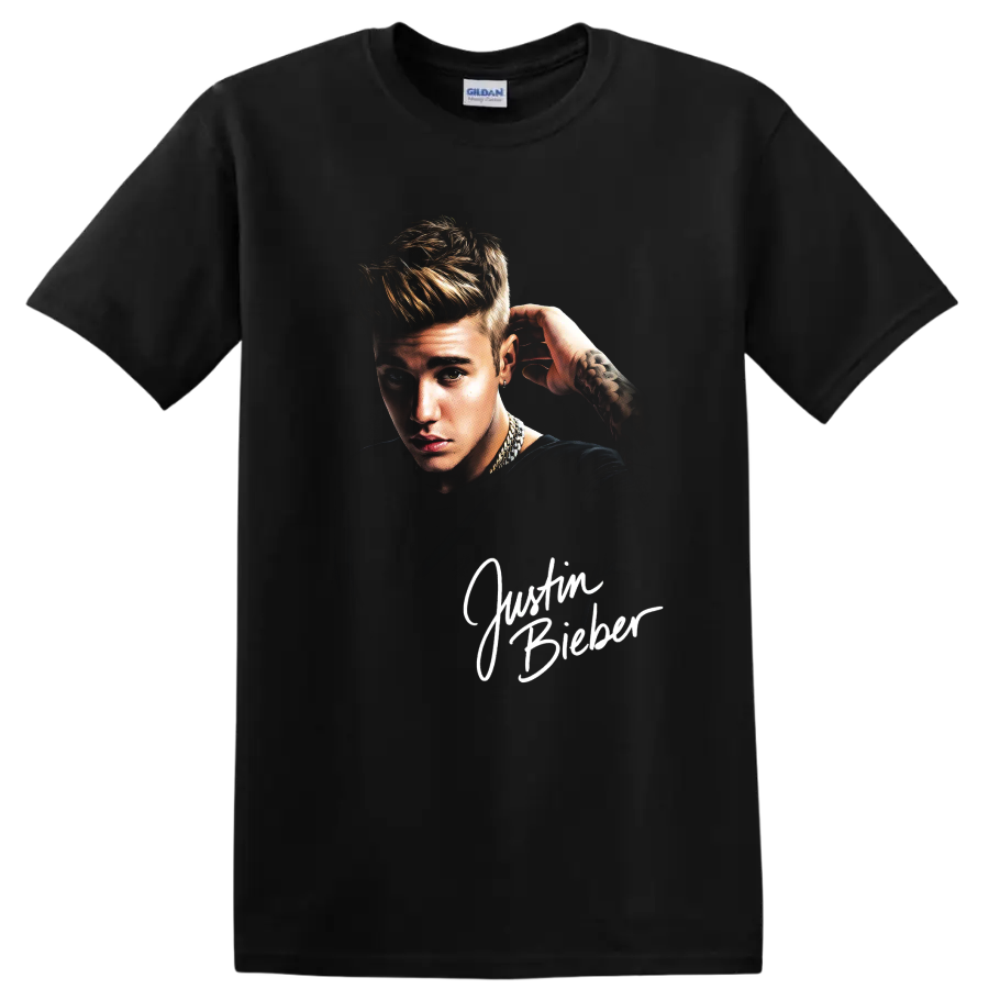 Justin Bieber portrait in pencil-drawing fan-art style on a Black T Shirt