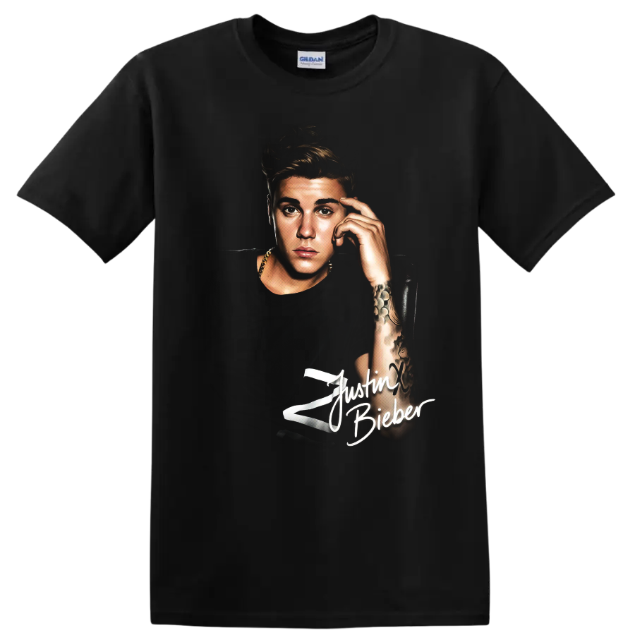 Justin Bieber portrait graphic with white signature-style text on a Black T Shirt