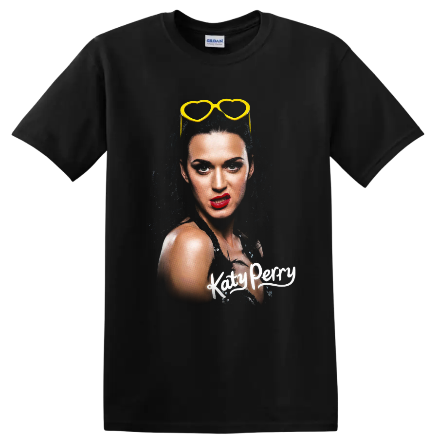 Katy Perry portrait graphic with yellow heart-shaped sunglasses on a Black T Shirt