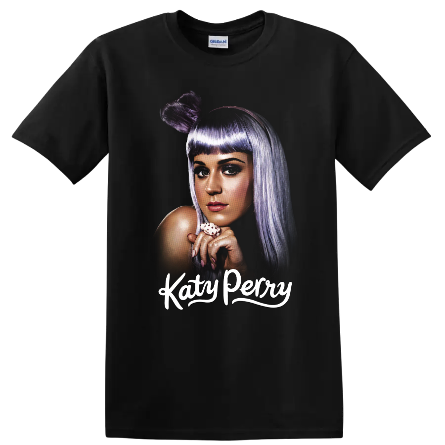 Stylized Katy Perry portrait with purple hair and white Katy Perry text on a Black T Shirt