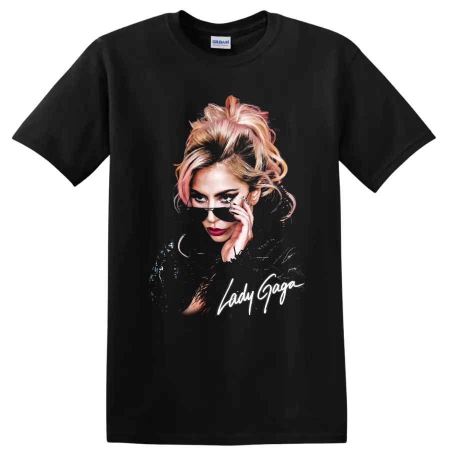 Lady Gaga pop-art portrait with handwritten Lady Gaga lettering on a Black T Shirt