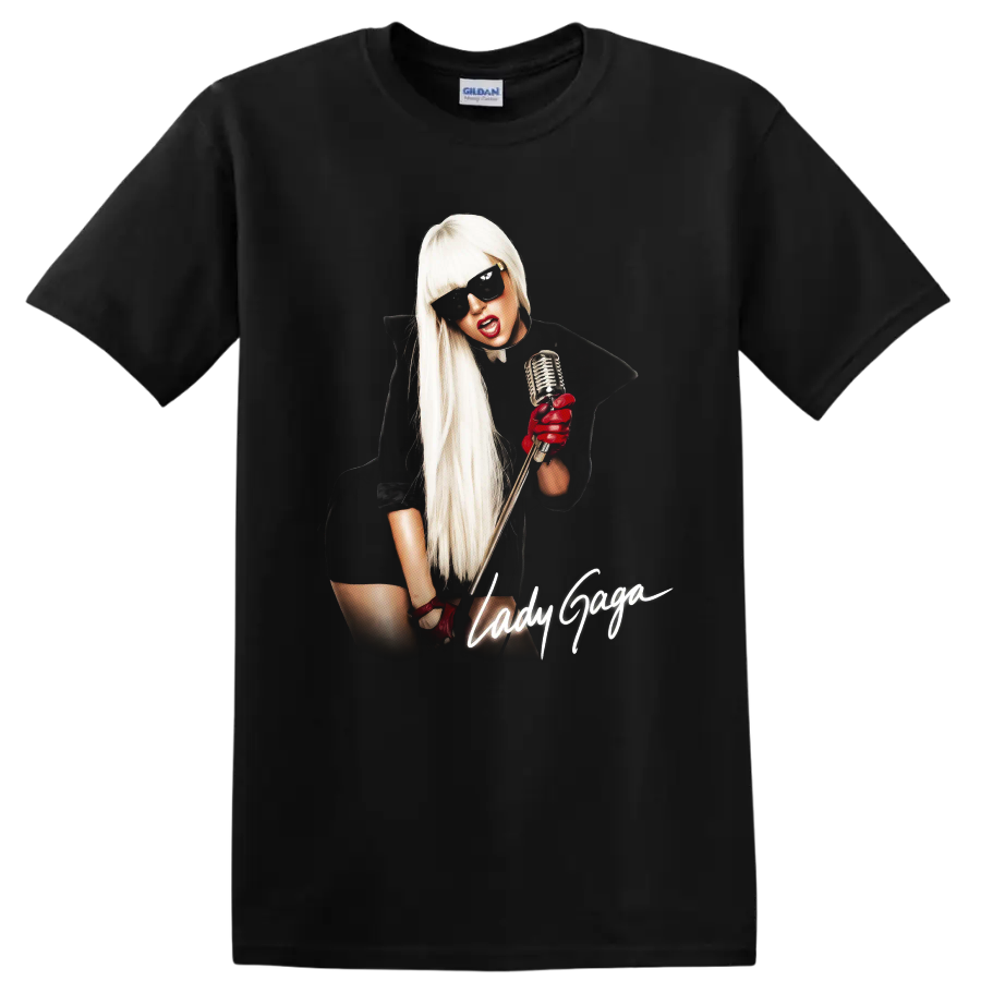 Lady Gaga pop art portrait with microphone, sunglasses, and script text on a Black T Shirt