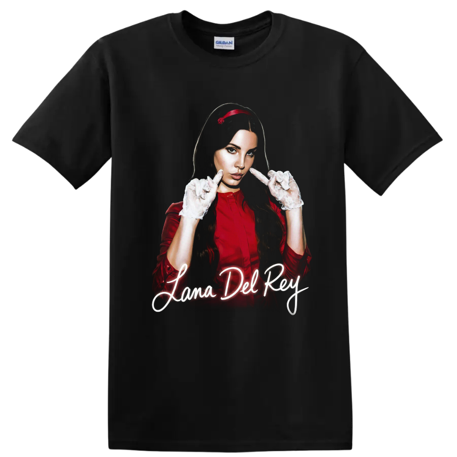 Lana Del Rey digital fan-art portrait with glowing script text on a Black T Shirt