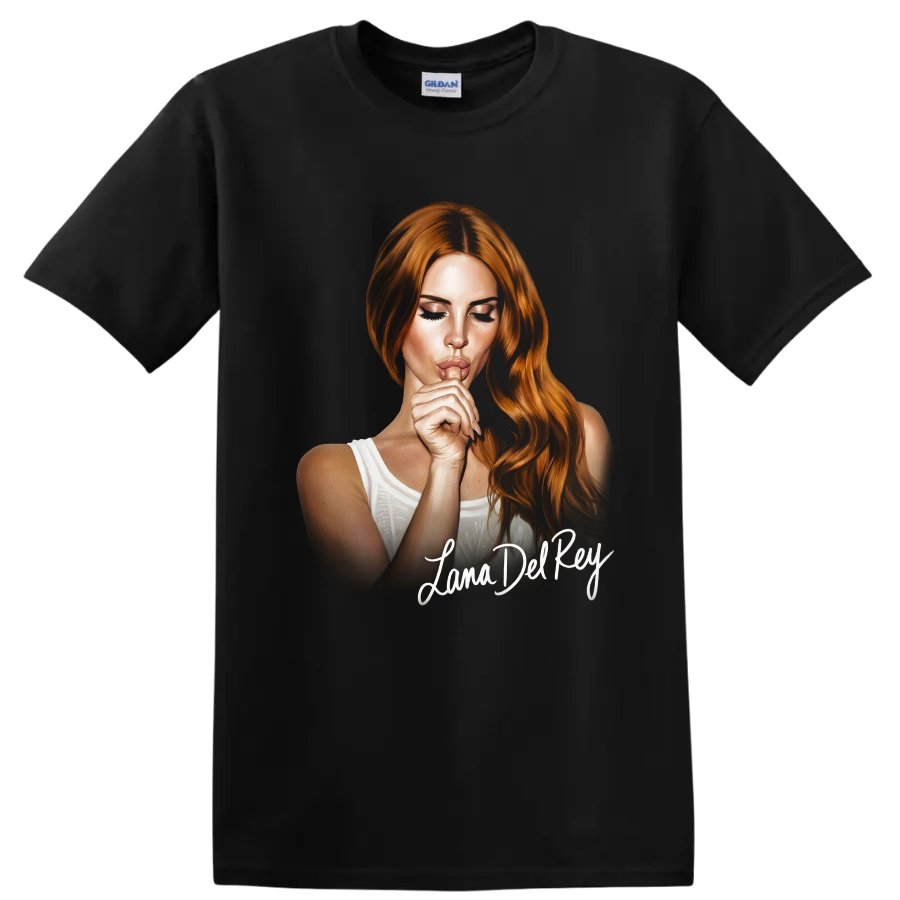 Lana Del Rey digital portrait fan art with white script lettering on a Black T Shirt