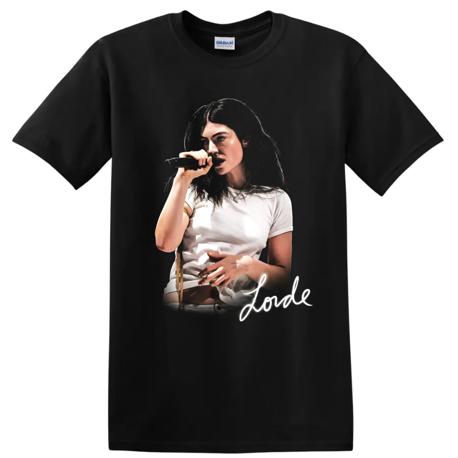 Lorde singer portrait performing with a microphone and signature on a Black T Shirt